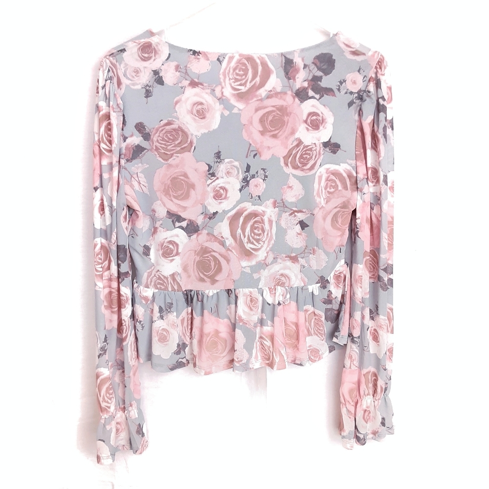 MIAMI Myley Floral Long Sleeve V-Neck Ruffled Sleeves Peplum Top Size Small - Picture 2 of 9